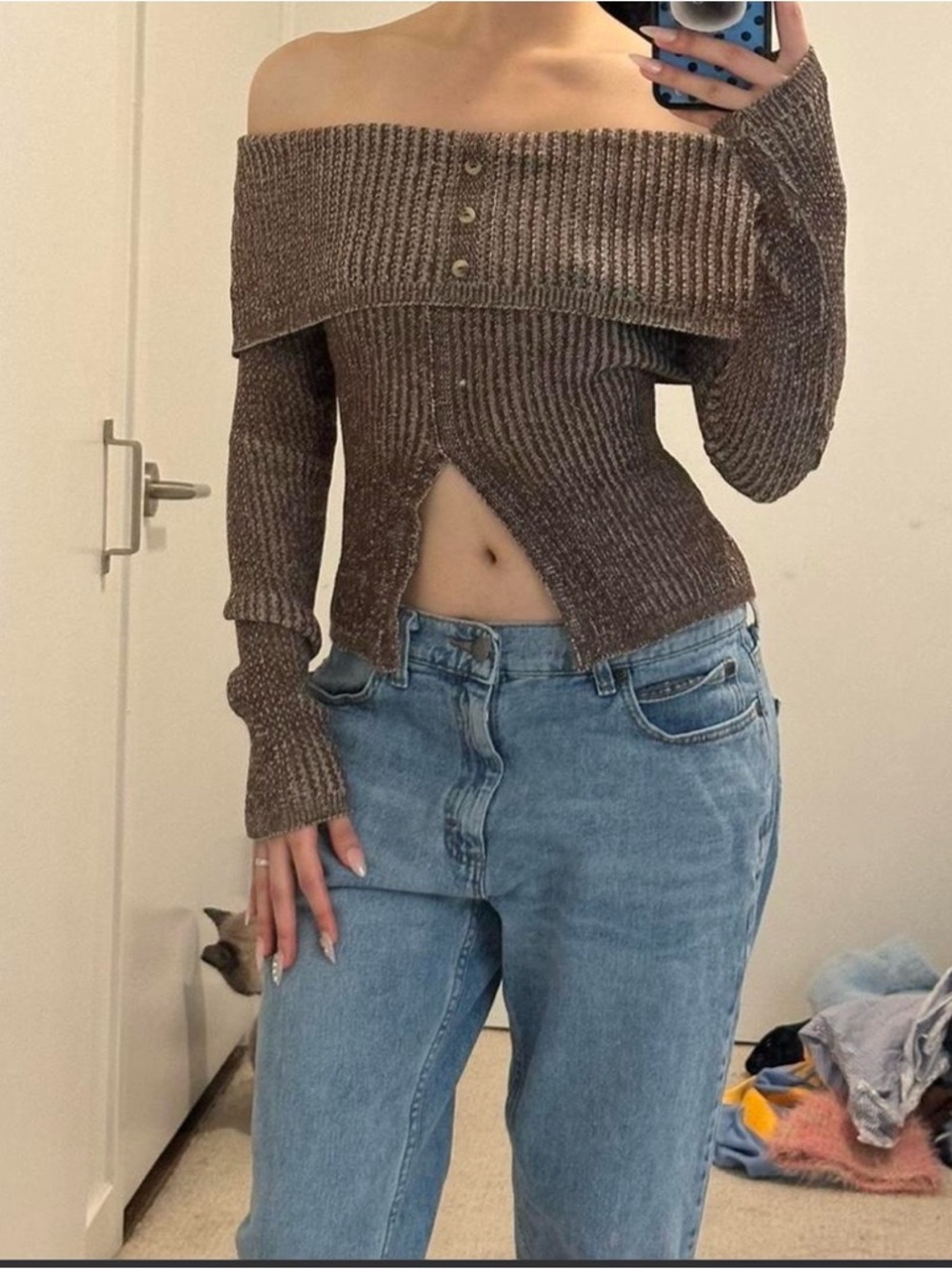 EGO Off-the-Shoulder Ribbed Crop Sweater - Brown